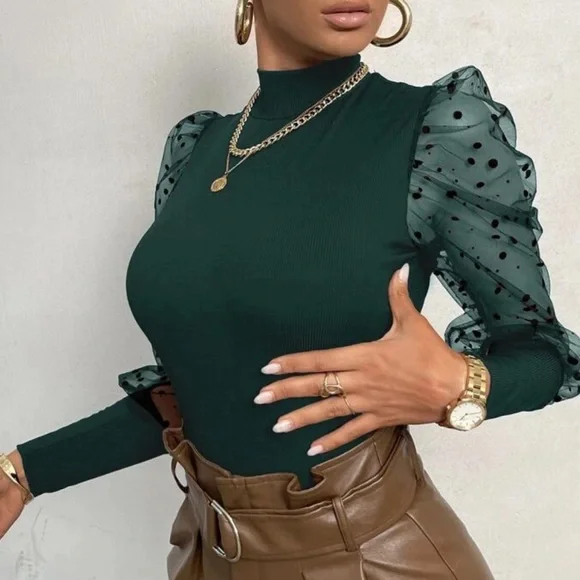 Green mesh dot sleeve bodysuit - Picture 9 of 16